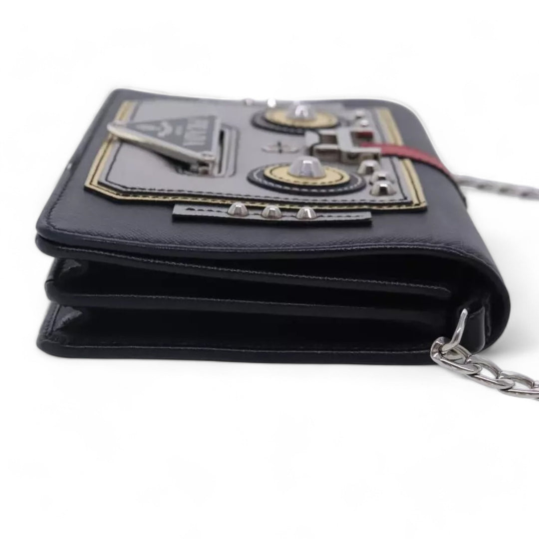 Prada Chain Shoulder Bag Saffiano Leather Black Silver Women