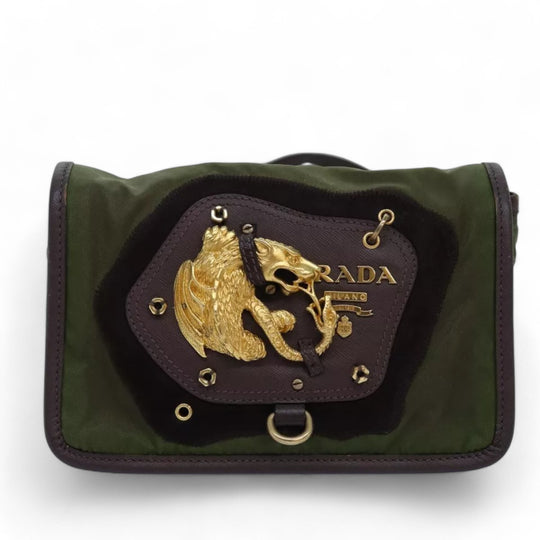 Prada Vintage Women's Shoulder Crossbody Bag Nylon Khaki Gold Lion Emblem