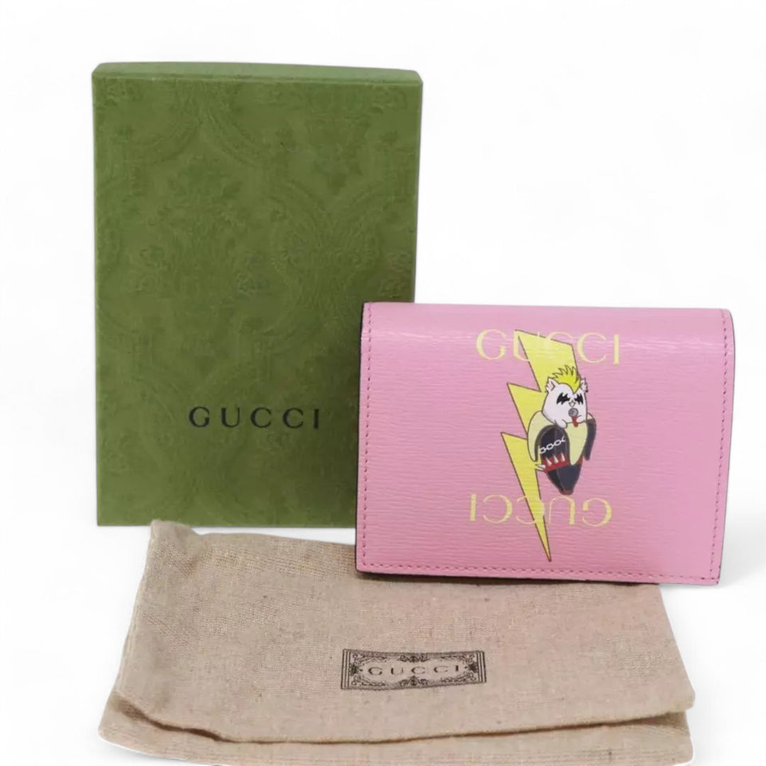 Gucci Bananya Wallet Pink Leather Bifold Compact Box Dust Bag Included