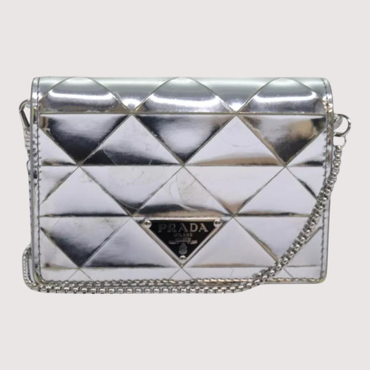 Prada Shoulder Bag Pouch Triangle Panel Silver Women's Leather Chain