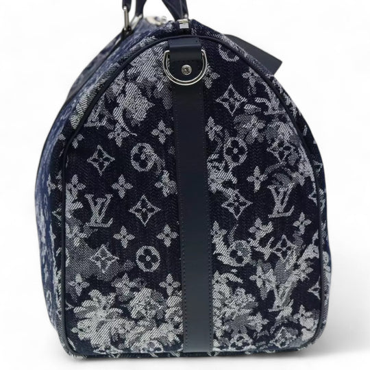 Louis Vuitton Monogram Tapestry Keepall Bandouliere 50 Boston Bag Blue Denim Unisex Travel Handbag