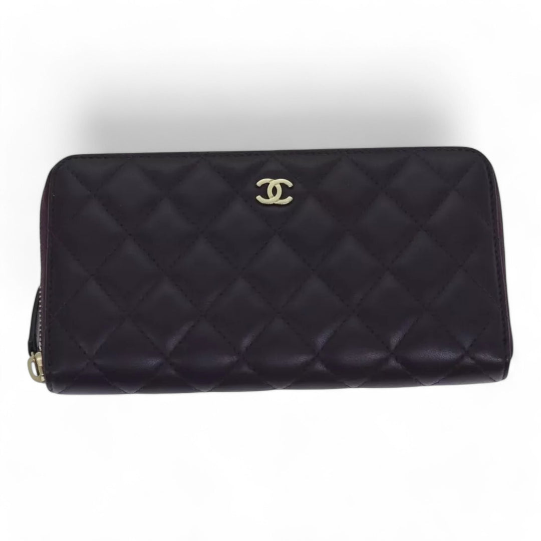 Chanel Matelasse Long Wallet Lamb Skin Purple Gold CC Womens Wallet