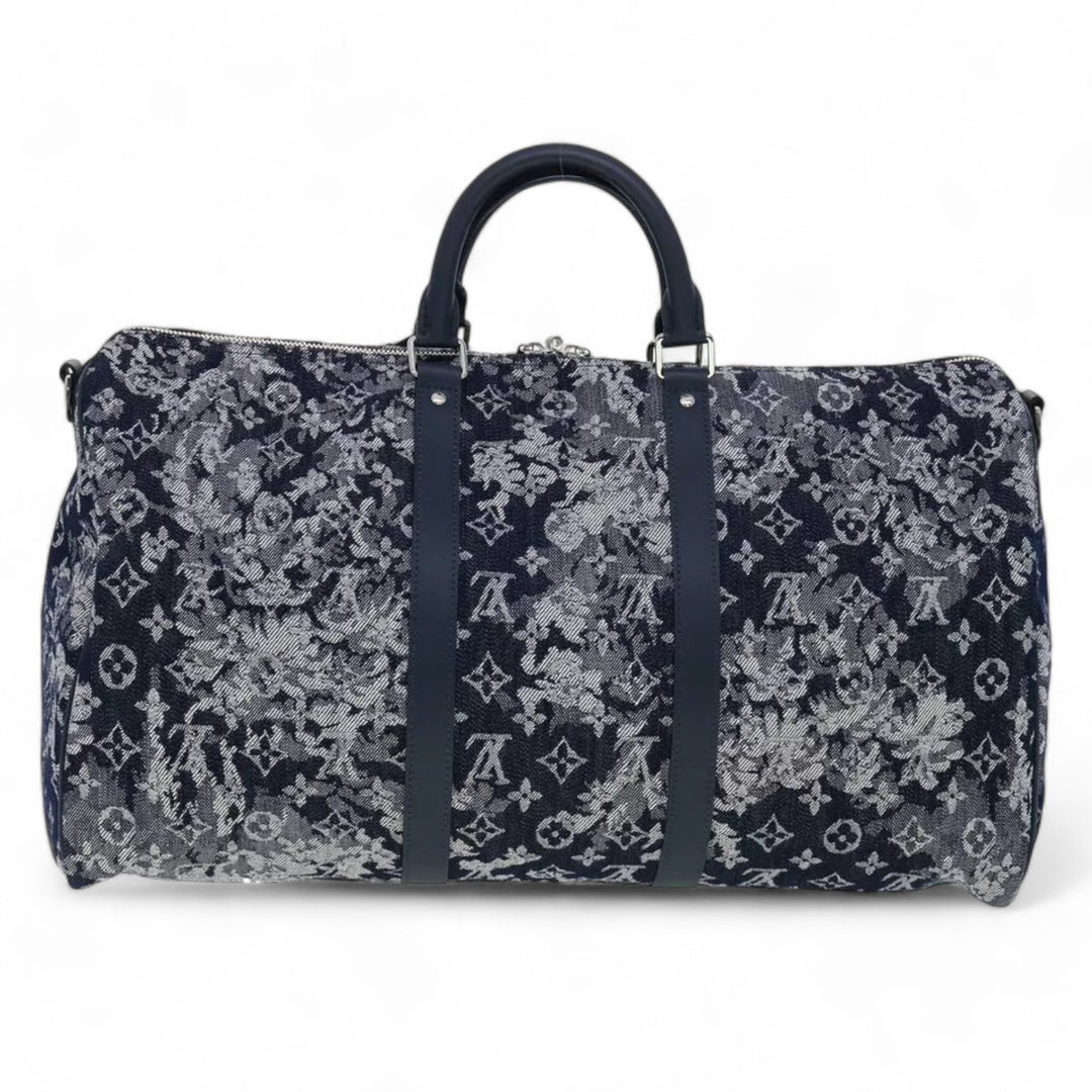 Louis Vuitton Monogram Tapestry Keepall Bandouliere 50 Boston Bag Blue Denim Unisex Travel Handbag