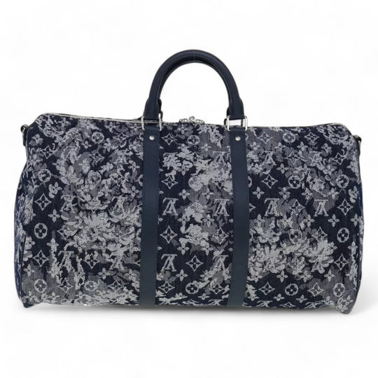 Louis Vuitton Monogram Tapestry Keepall Bandouliere 50 Boston Bag Blue Denim Unisex Travel Handbag