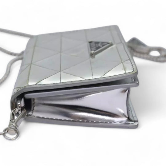 Prada Shoulder Bag Pouch Triangle Panel Silver Women's Leather Chain