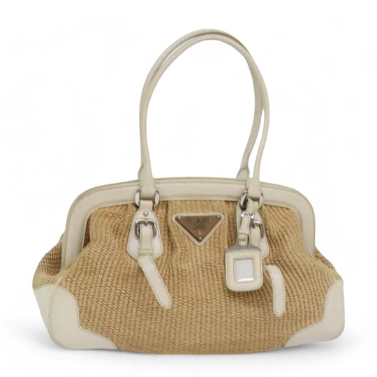 Prada Beige Straw Leather Women's Handbag with Tag and Card