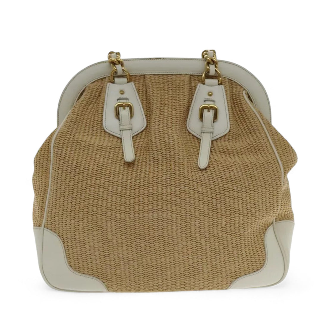 Prada Chain Shoulder Bag Straw Leather Beige Gold Women's