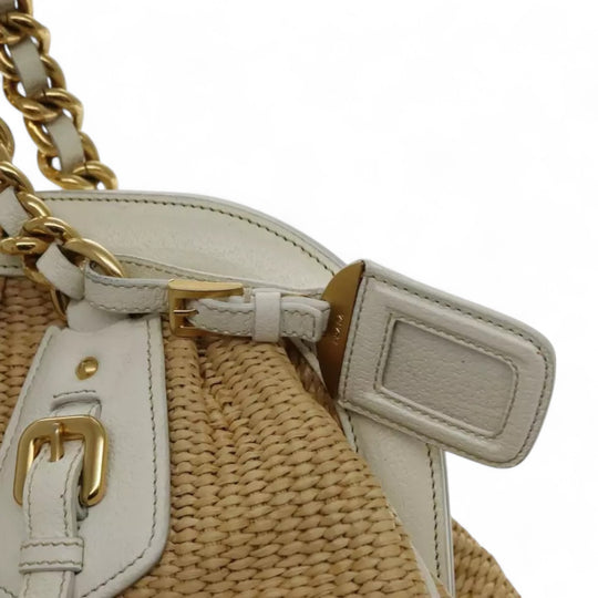 Prada Chain Shoulder Bag Straw Leather Beige Gold Women's