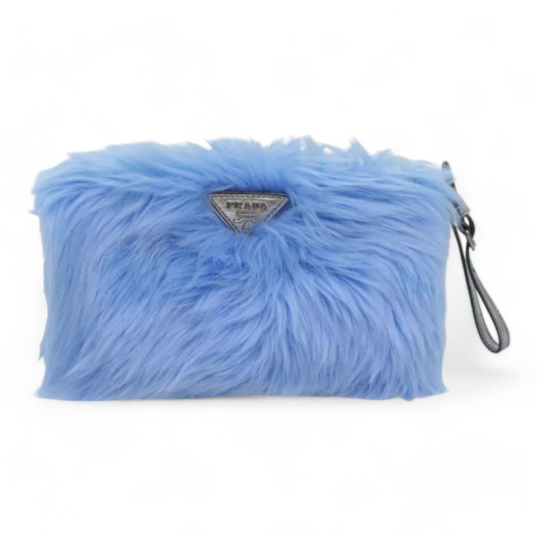 Prada Clutch Bag Eco Pelliccia Azzurro Blue Silver Fur Handbag Women Made in Italy