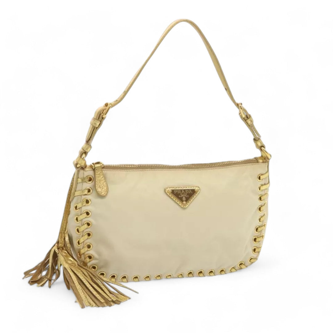 Prada Accessory Pouch Nylon Cream Gold Tassel Shoulder Bag Women Handbag