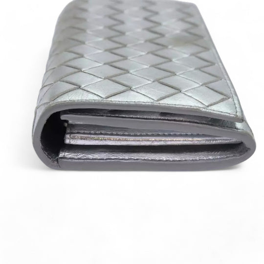 Bottega Veneta Intrecciato Leather Long Wallet Silver Tone Unisex