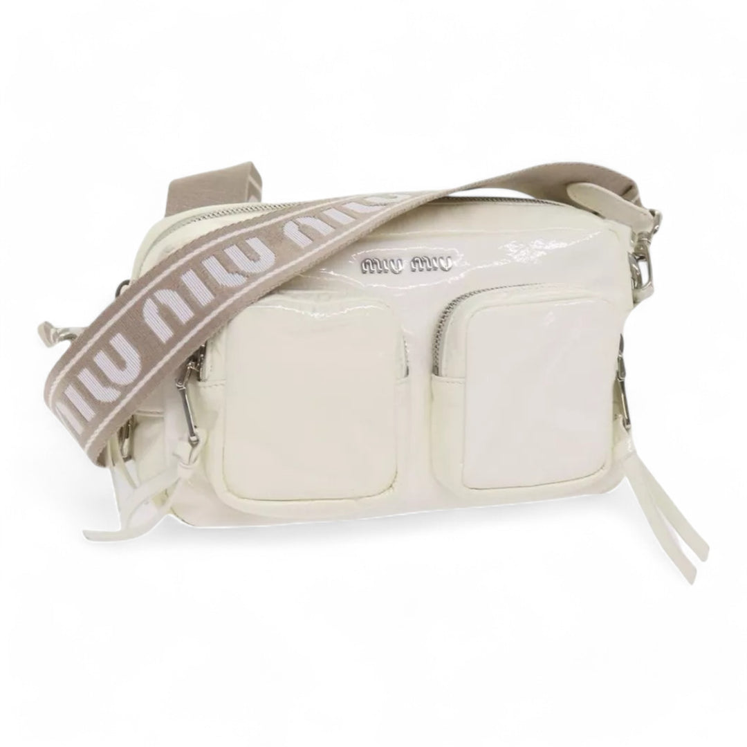 Miu Miu Shoulder Bag Enamel White Women Crossbody Purse with Strap and Pouch