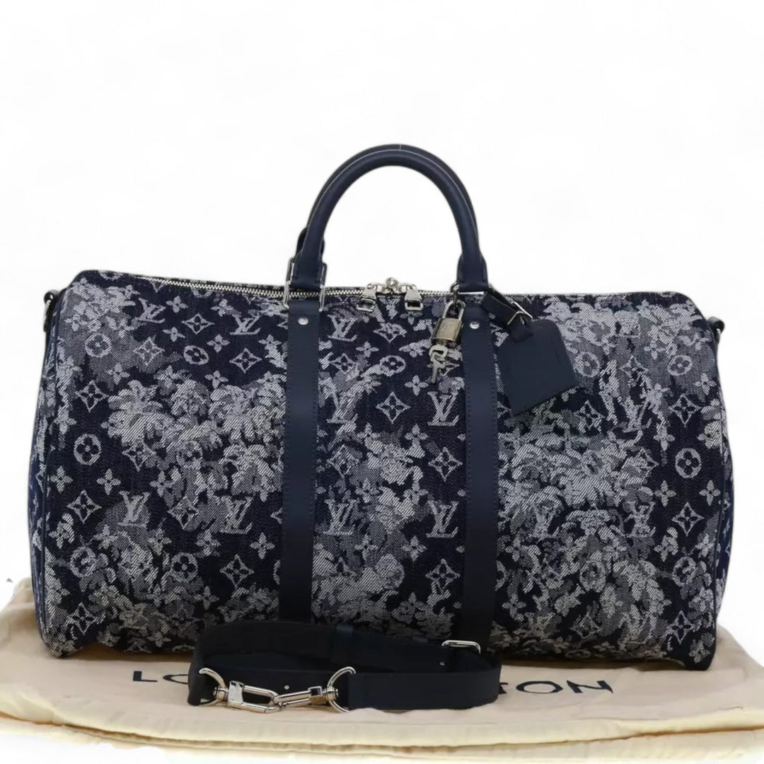 Louis Vuitton Monogram Tapestry Keepall Bandouliere 50 Boston Bag Blue Denim Unisex Travel Handbag