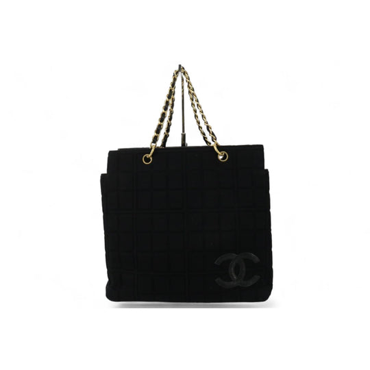 Chanel Chocolate Bar Jersey Tote Black Quilted Chain Shoulder Bag Women's Handbag Vintage Rare