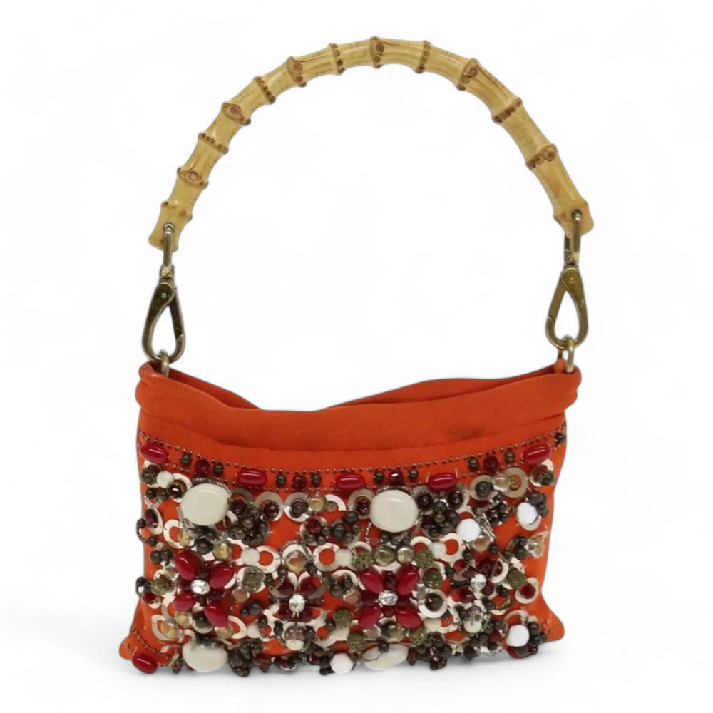 Miu Miu Bamboo Handbag Canvas Orange Beaded Embellished Women's Bag