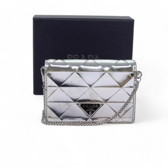 Prada Shoulder Bag Pouch Triangle Panel Silver Women's Leather Chain