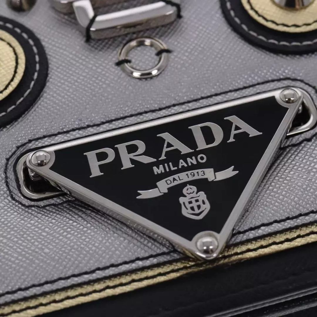 Prada Chain Shoulder Bag Saffiano Leather Black Silver Women