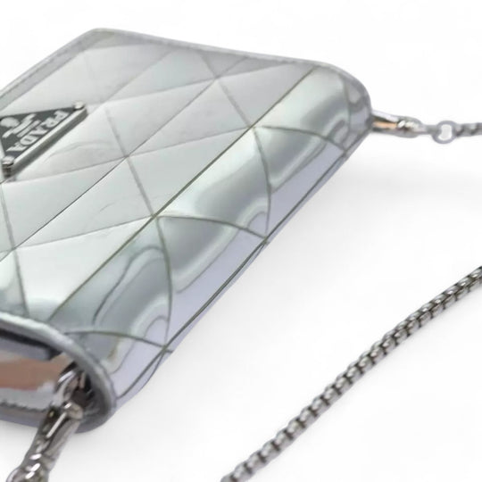 Prada Shoulder Bag Pouch Triangle Panel Silver Women's Leather Chain