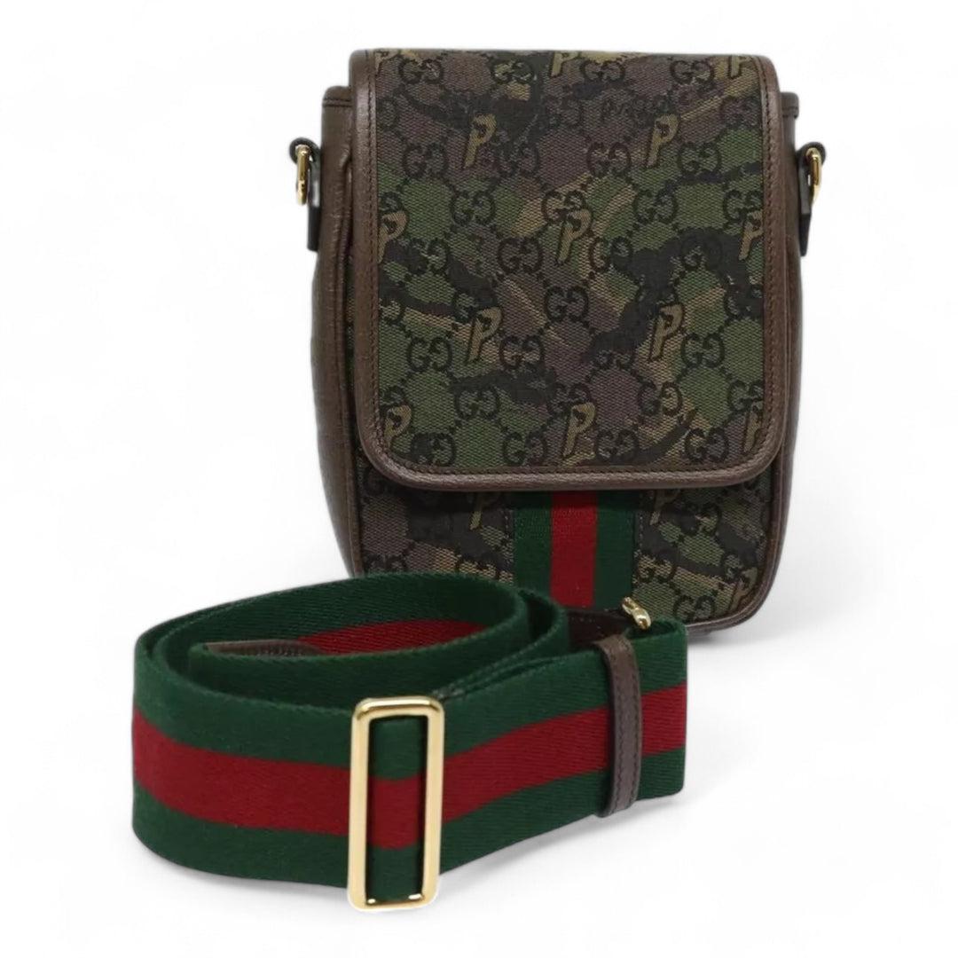 Gucci Palace Shoulder Bag Camouflage GG Canvas Web Sherry Line Unisex Green Brown Gold Hardware Crossbody Bag