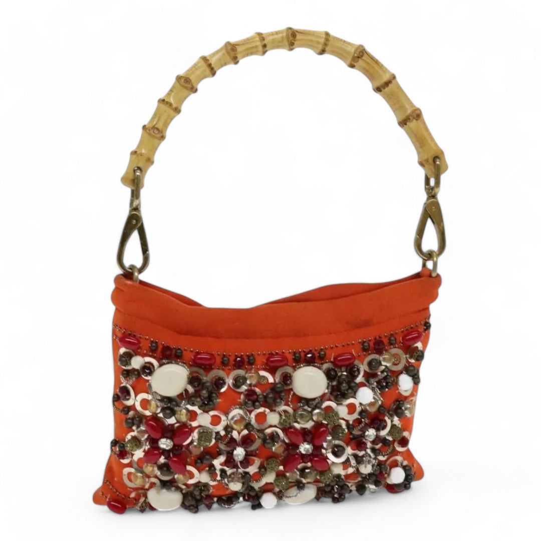 Miu Miu Bamboo Handbag Canvas Orange Beaded Embellished Women's Bag