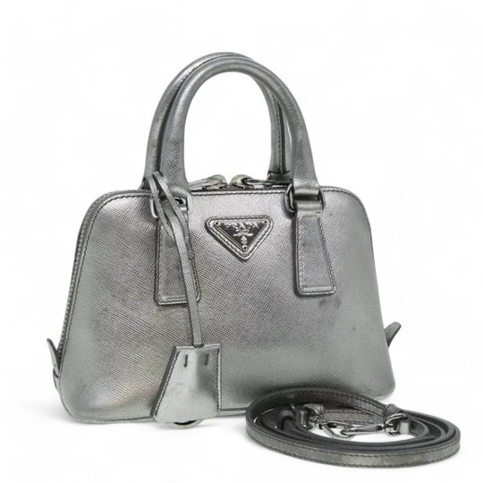 Prada Handbag Saffiano Leather 2way Silver Women's Bag with Strap and Dust Bag