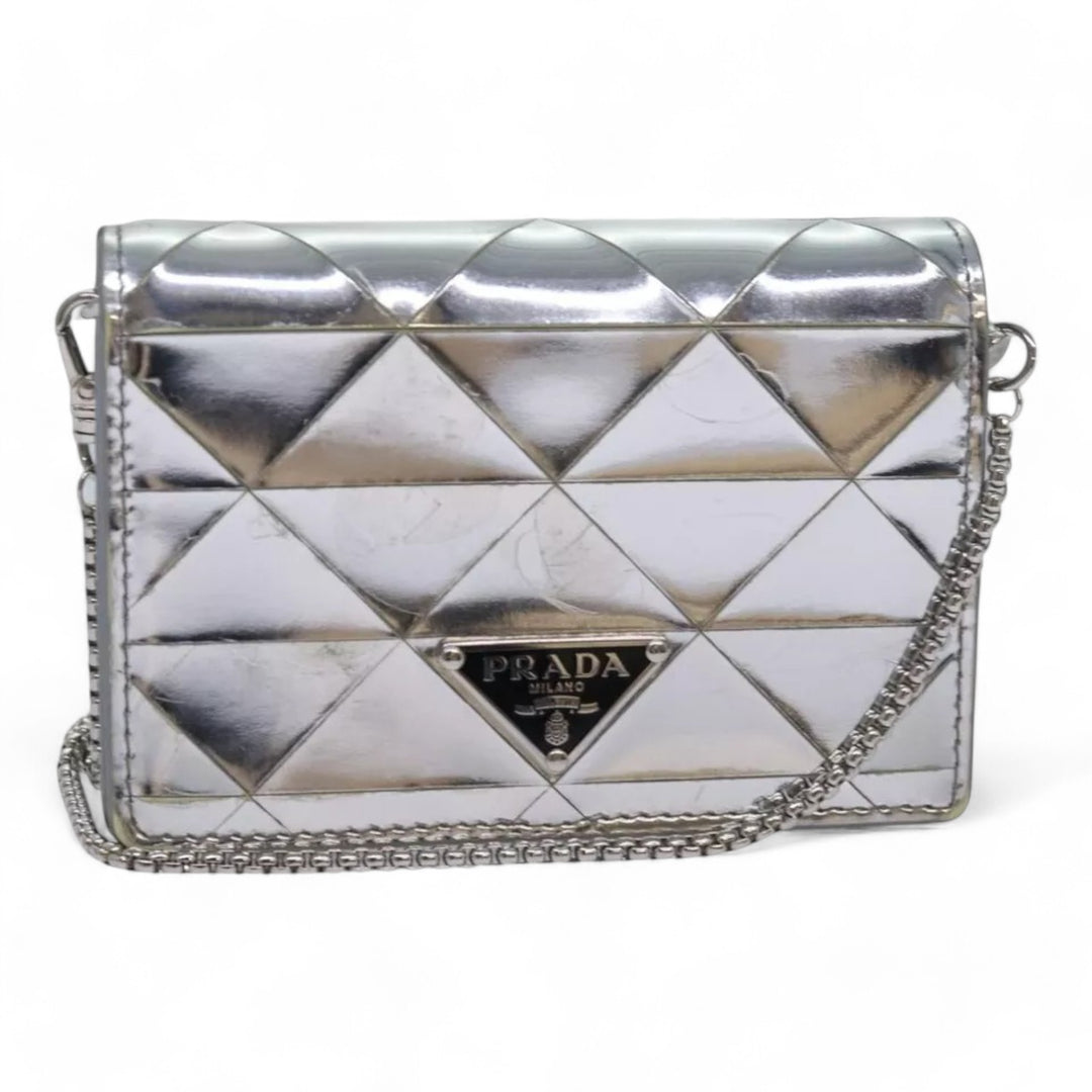 Prada Shoulder Bag Pouch Triangle Panel Silver Women's Leather Chain