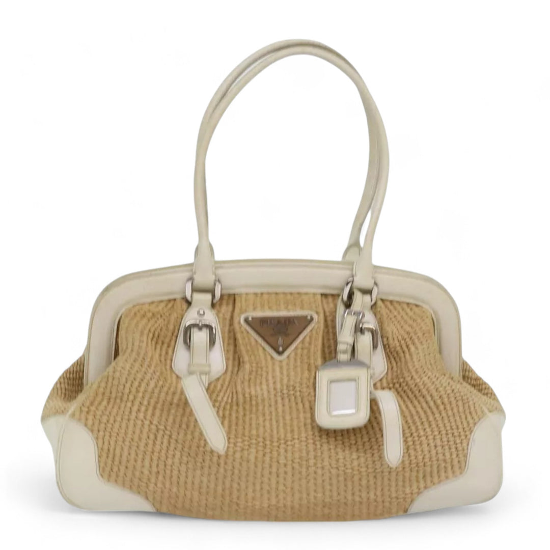 Prada Beige Straw Leather Women's Handbag with Tag and Card