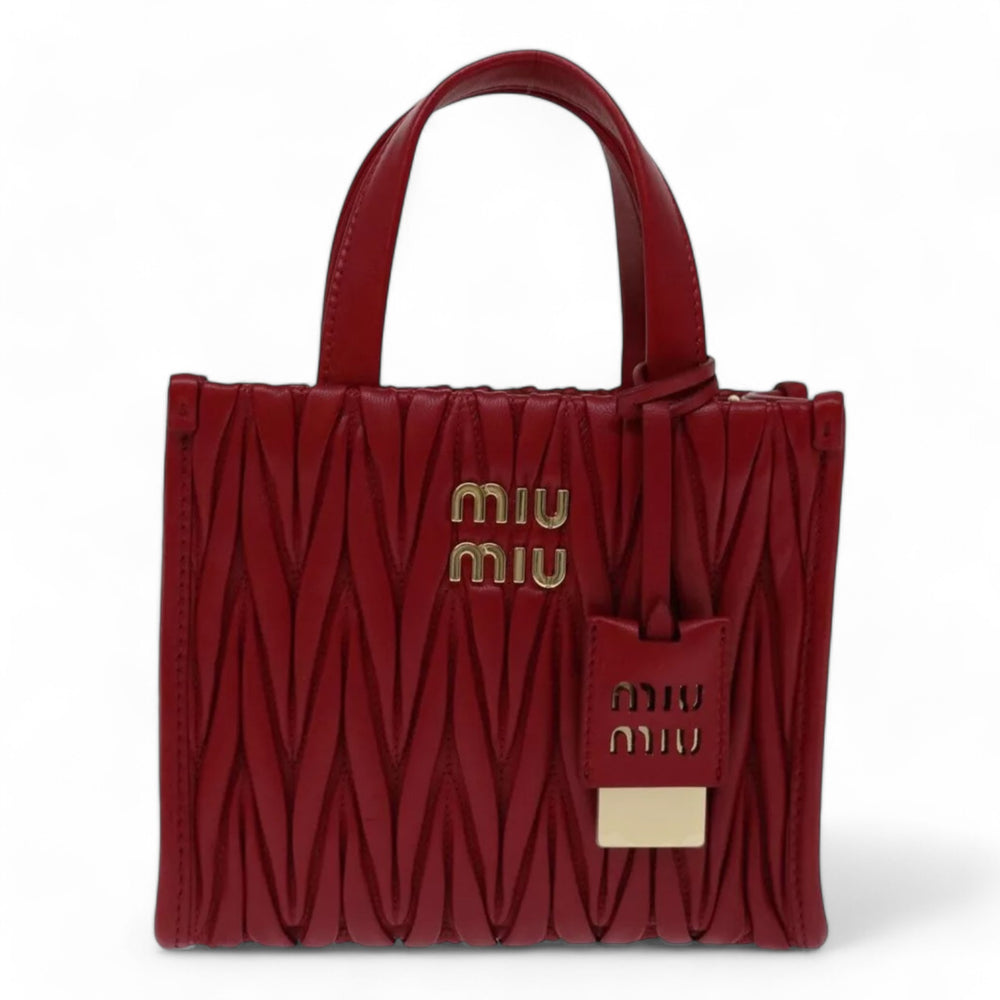 Miu Miu Matelasse Leather Handbag 5BA277 Red Women's